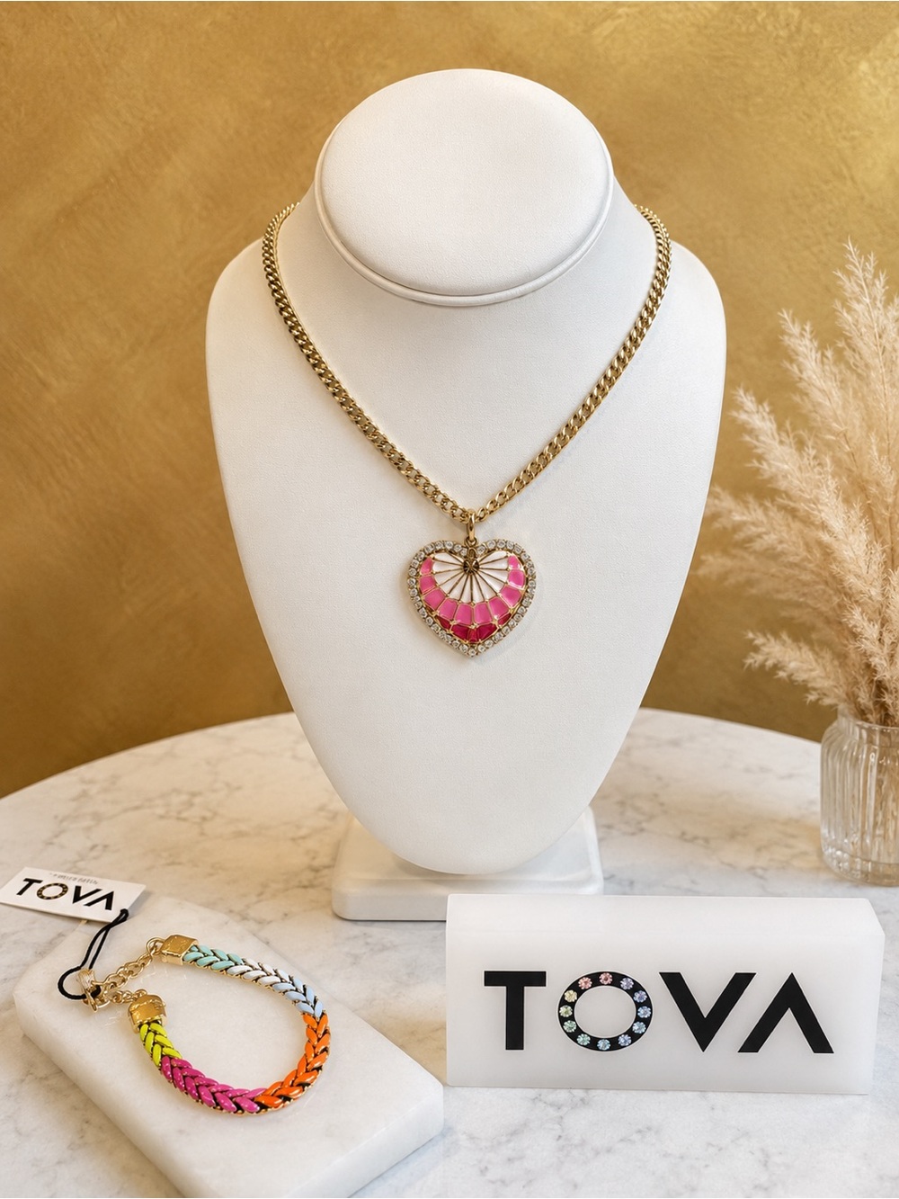 TOVA enamel heart framed in crystals on a bold chain